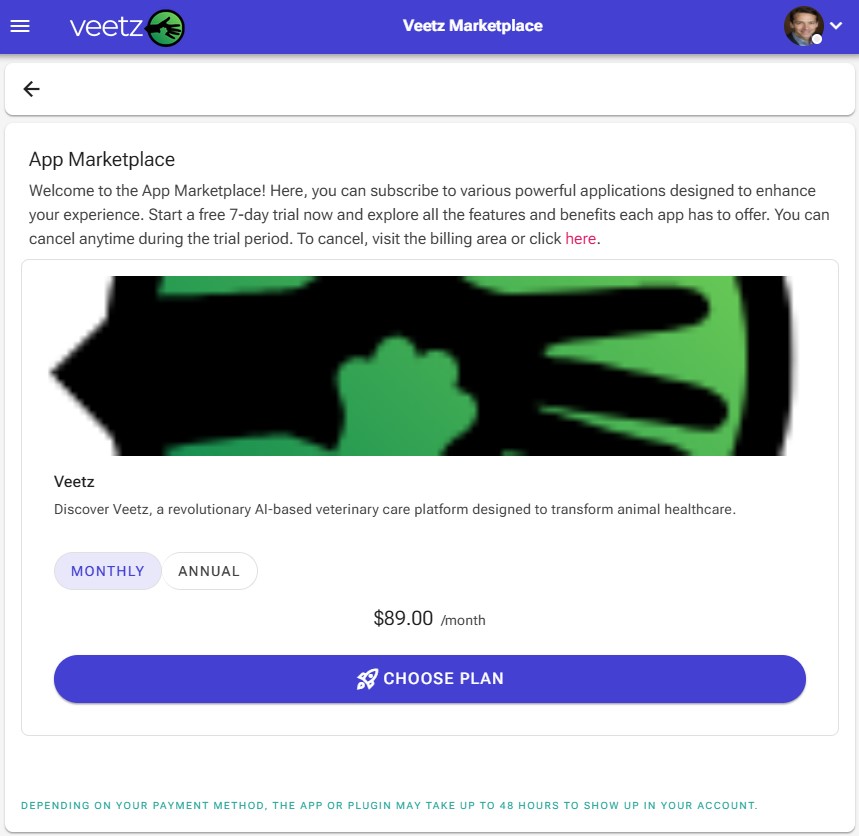 Figure 1: The Veetz Marketplace, showing the available subscription plan.