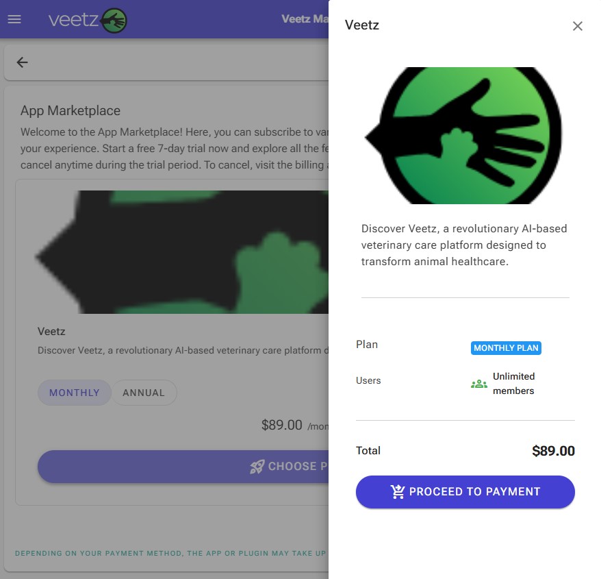 Figure 2: The subscription detail panel, summarizing the order before payment.