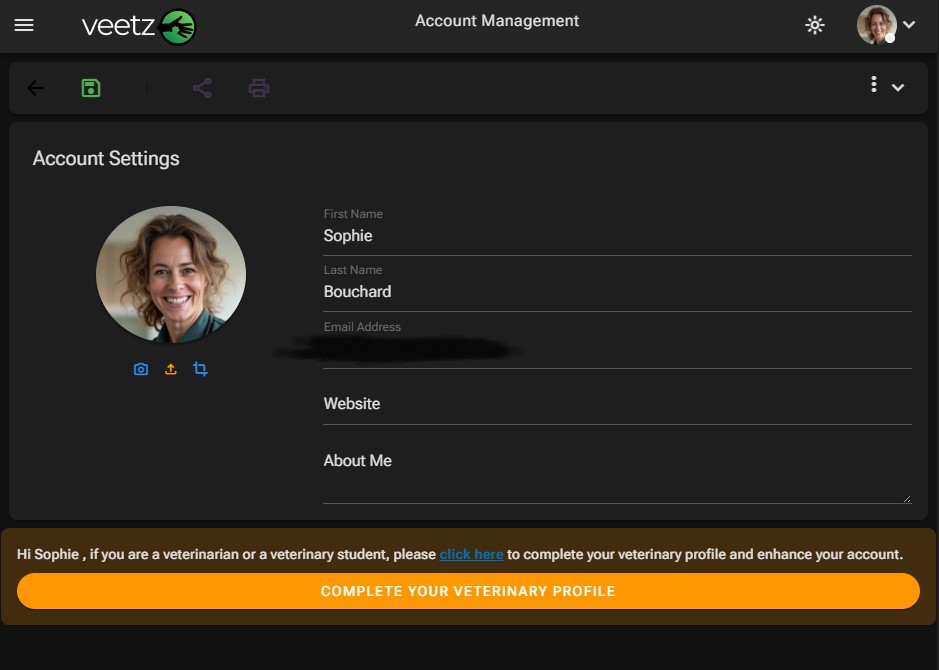 Prompt to complete the Veterinarian Profile