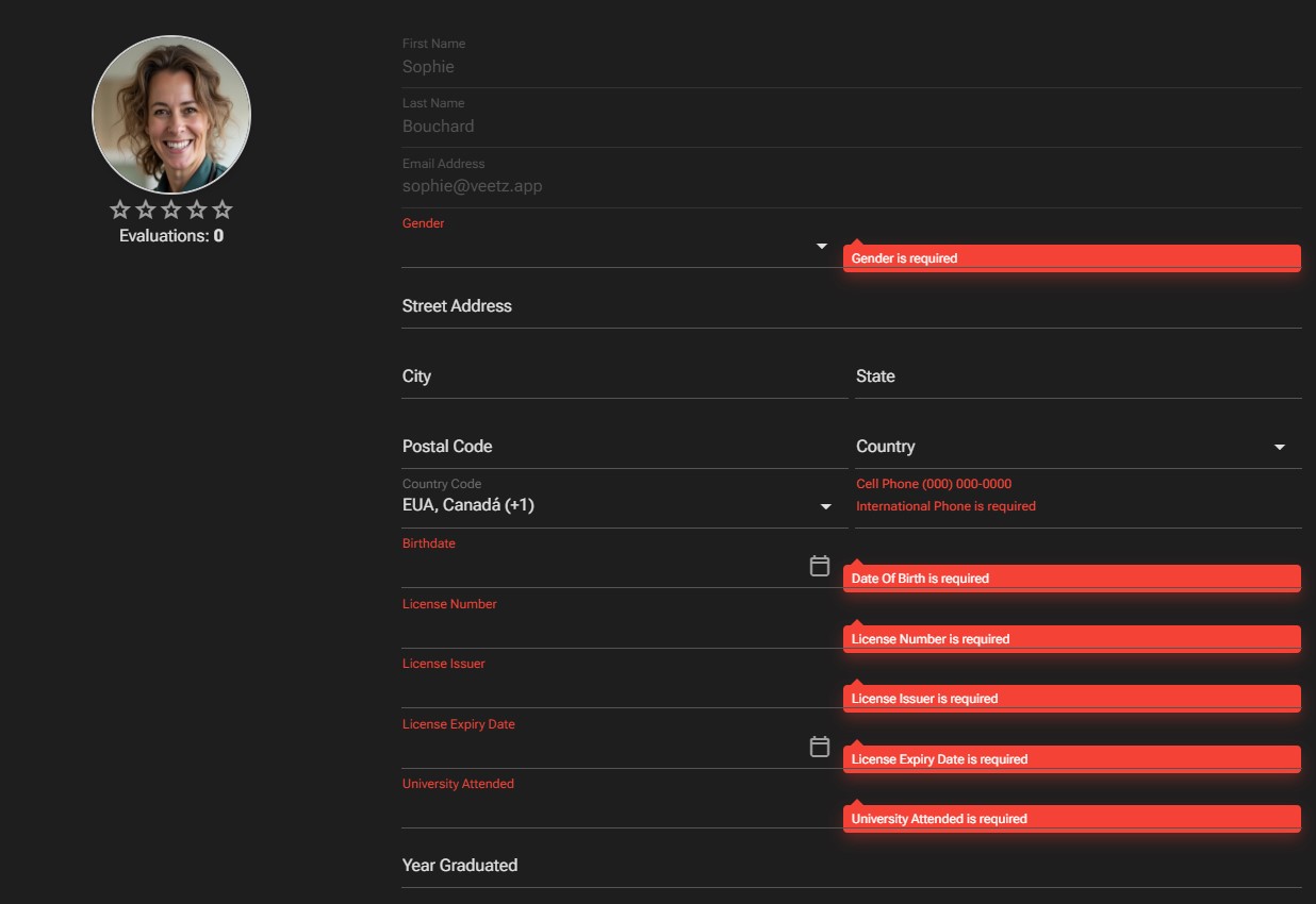 Required fields in the Veterinarian Profile form