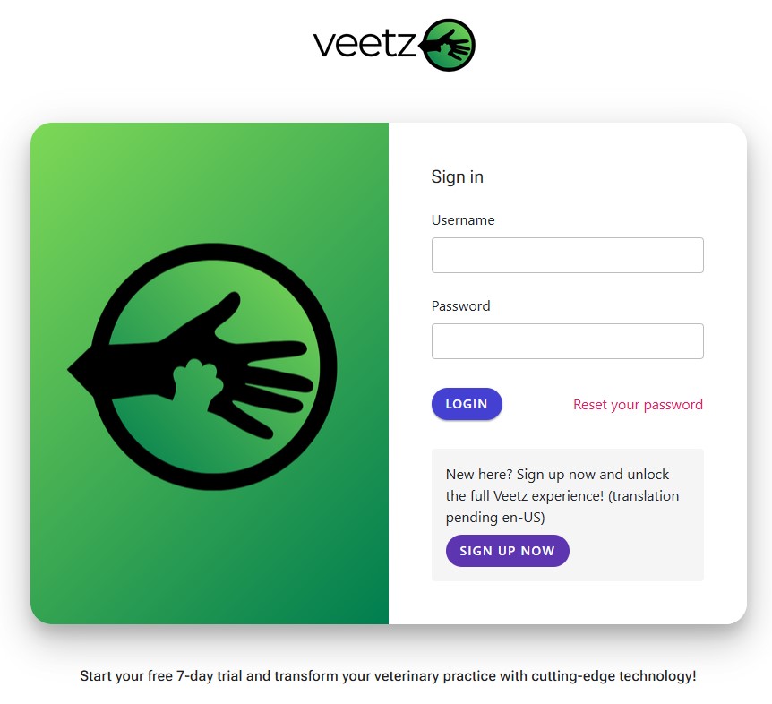 Veetz Login Screen with Reset Password Link