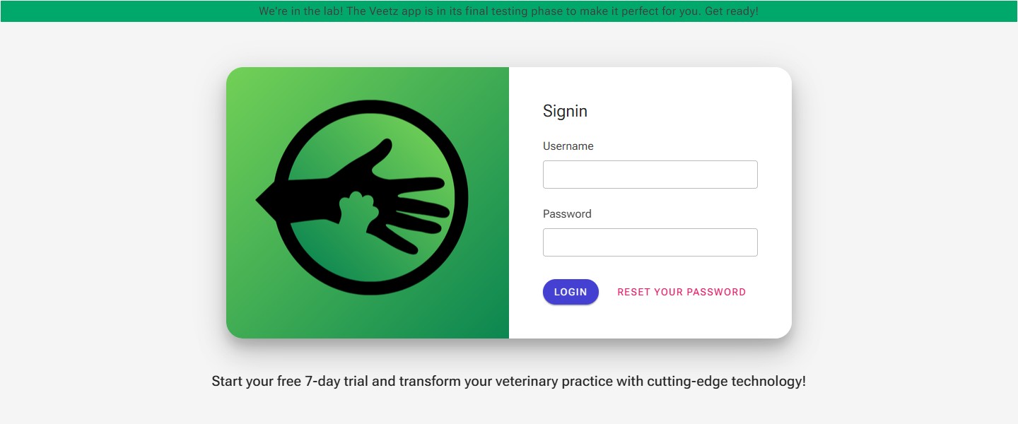 Veetz Login Screen