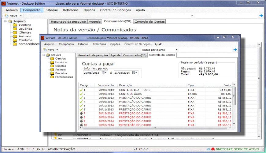 Interface clássica do Vetnnet para contas a pagar.