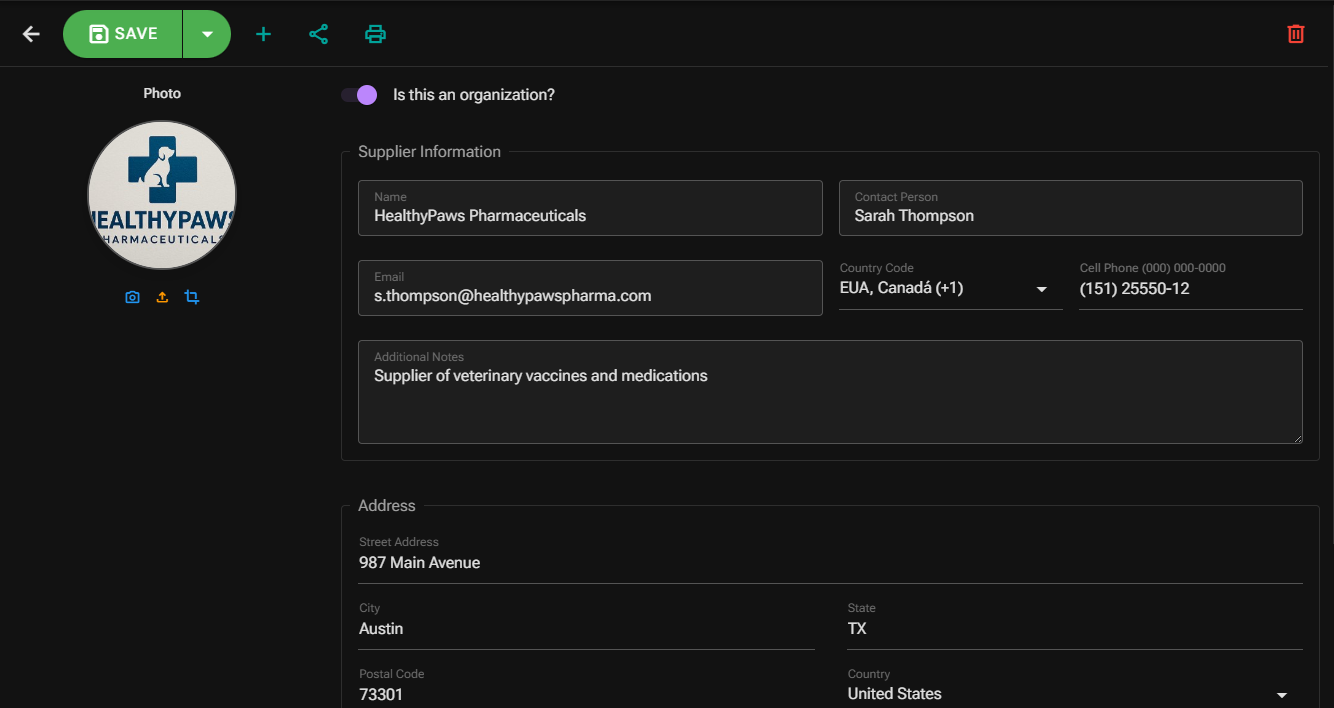 Veetz Supplier Details Screen