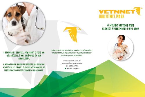 Panfleto comercial dos anos Vetnnet, apresentando um sistema em nuvem para clínicas veterinárias e pet shops.
